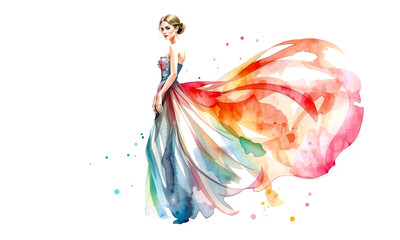 Fototapeta premium Fashion sketch of woman in colorful, flowing dress with vibrant train, showcasing elegance and artistic flair. watercolor style adds dreamy quality to design