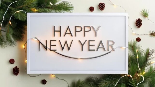Happy New Year 2025,  A white lightbox with the text HAPPY NEW YEAR surrounded by pine branches, pine cones, and string lights on a light background, banner, poster, created with generativae ai