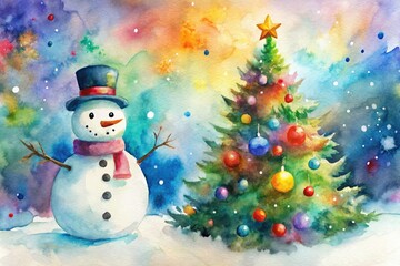 Obraz premium Double exposure watercolor art: whimsical snowman adorns a snowy Christmas tree.