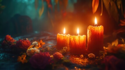 Mystical Candles and Flowers in a Dark Setting