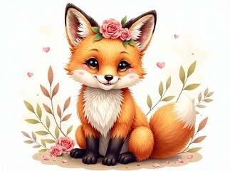 Fototapeta premium Cute Baby Fox Floral Headband Nursery Decor Watercolor Illustration