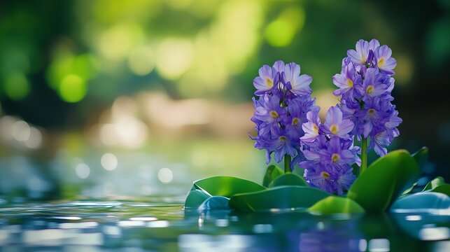 Vivid water hyacinths float gracefully on a tranquil river, their bright purple flowers sharp and radiant, set against a beautifully blurred natural background. qqw