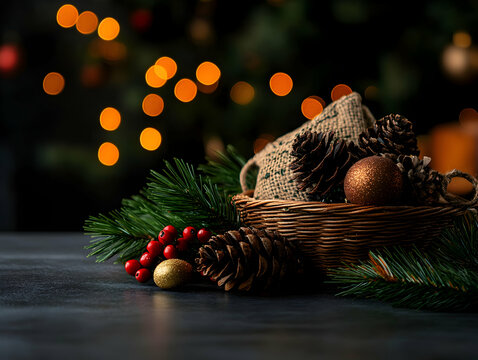 Festive holiday arrangement with wicker basket, pine cones, jute bag, baubles, and twinkling lights, surrounded by greenery and berries for a cozy atmosphere - Powered by Adobe