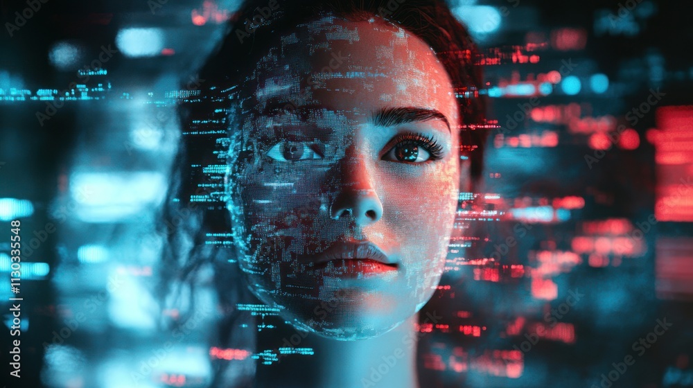 Aufkleber a digital portrait of a woman with an overlay of data and technology elements.