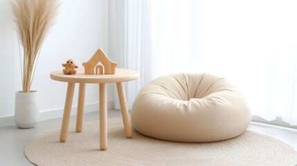 a minimalist area with soft neutral tones, a small table, wooden toys, and a comfy bean bag