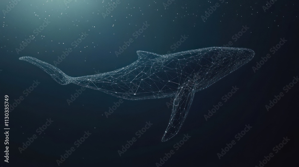 Poster A digital representation of a whale composed of interconnected lines and nodes in a dark setting.