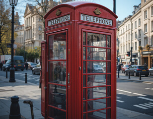 Iconic Red Telephone Booth on a City Street with Urban Background, The Orban Photography Concept.