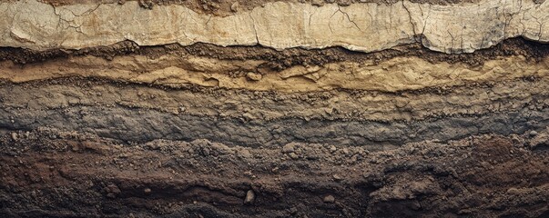 Obraz premium A cross-section of earth layers showcasing various sedimentary strata with distinct colors and textures.