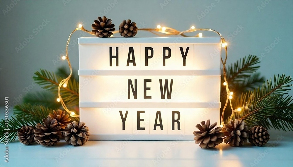 Fototapete Happy New Year 2025,  A white lightbox with the text HAPPY NEW YEAR surrounded by pine branches, pine cones, and string lights on a light background, banner, poster, created with generativae ai