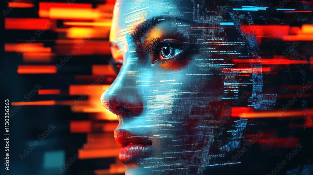 Aufkleber a digitally enhanced close-up of a woman's face, blending human features with futuristic elements.
