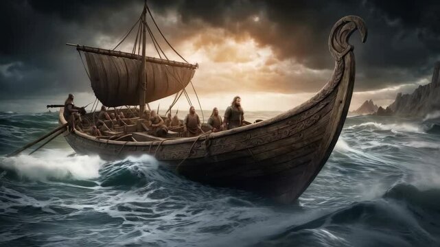 A viking longboat sailing on a stormy sea