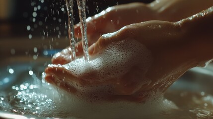 Fototapeta premium hygienic handwashing scene, flowing tap water, soap suds on hands, minimalist kitchen background, bright daylight interior, crystal clear water drops, gentle motion capture, wellness concept,