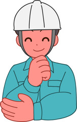 ヘルメットを被り、作業服を着た笑顔で考えるデフォルメ男性のイラスト
