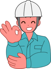 ヘルメットを被り、作業服を着た笑顔でOKする笑顔のデフォルメ男性のイラスト