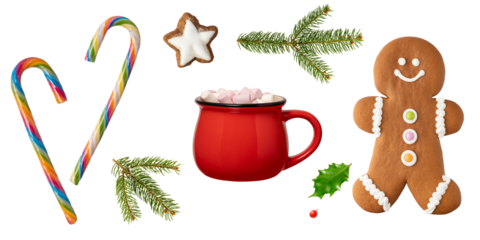 Sweet glazed gingerbread cookies, lollipop candy canes, hot chocolate red cup with marshmallow and decor isolated on white