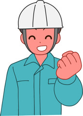 ヘルメットを被り、作業服を着たガッツポーズする笑顔のデフォルメ男性のイラスト