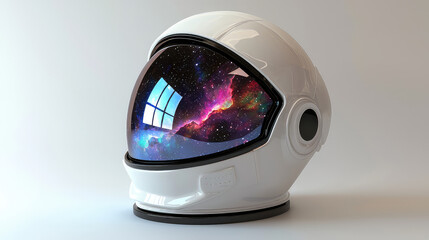 A sleek white astronaut helmet featuring a vibrant cosmic reflection, symbolizing exploration and adventure in space.