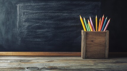 vintage education theme, distressed wooden planks, artisanal paper cup holder, multicolored pencil arrangement, chalk typography on blackboard, analog film style, grainy texture, desaturated tones