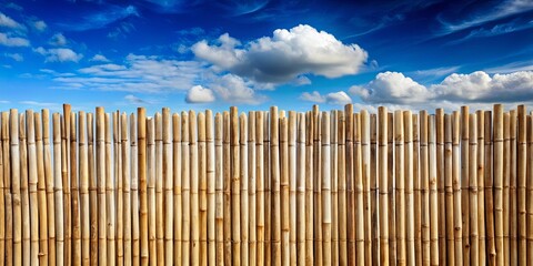 Serene Bamboo Fence Against a Vivid Blue Sky with Puffy Clouds