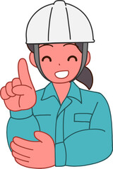 ヘルメットを被り、作業服を着た笑顔で指をさすデフォルメ女性のイラスト
