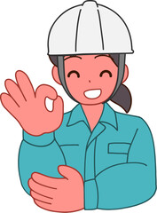 ヘルメットを被り、作業服を着た笑顔でOKする笑顔のデフォルメ女性のイラスト
