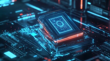 Fototapeta premium floating holographic book icon, glowing digital interface elements, laptop workspace, professional desk setup, tech gadgets, ambient blue lighting, futuristic educational symbols, connected network