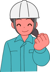 ヘルメットを被り、作業服を着たガッツポーズする笑顔のデフォルメ女性のイラスト