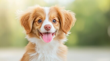 Fototapeta premium The small fluffy puppy had bright red fur mixed with white patches, standing out against her cute face with a pink tongue hanging out.