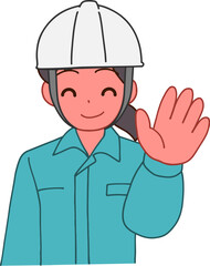 ヘルメットを被り、作業服を着た挨拶する笑顔のデフォルメ女性のイラスト