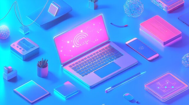 digital learning environment, hand gesture interaction, holographic educational symbols, connected network visualization, cool blue tech aesthetic, laptop and smartphone accessories, minimalist desk