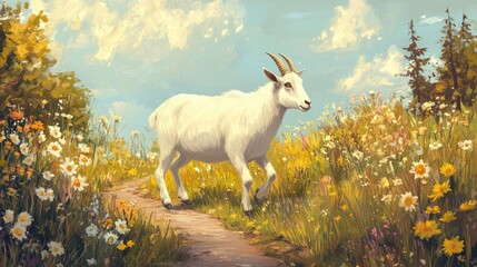 Naklejka premium White Goat Walking Through Colorful Flower Field Under Blue Sky