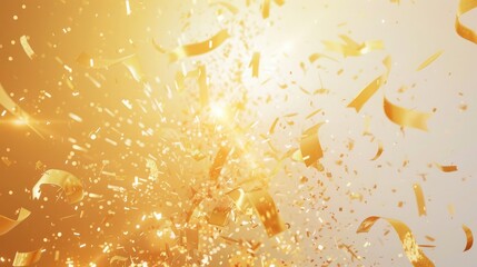 Vertical banner, poster of golden confetti and ribbon explosion with copy space for festive vector illustration for Celebrations, Events, and Marketing