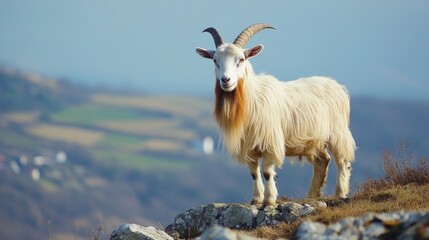 Obraz premium Majestic White Goat Standing on Rocky Terrain Against Scenic Backdrop