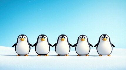 Fototapeta premium Five Penguins Holding Hands in Snow