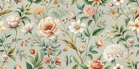 Elegant Botanical Print Featuring a Soft Green Background and a Delicate Array of Pastel-Colored Blooms