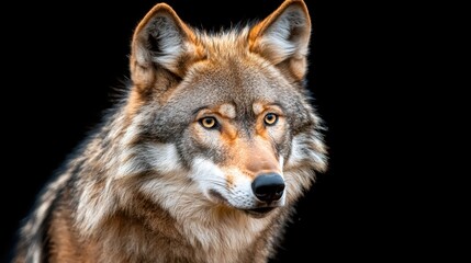 Obraz premium The dark silhouette of a majestic adult wolf stands out against the stark black background, its piercing eyes and pointed ears giving it a sense of wild power and mystery.