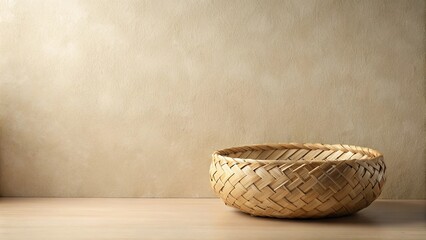 Empty woven basket on a light wood surface against a beige wall