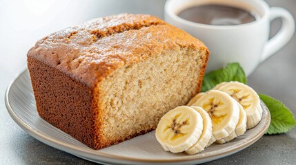 A moist and tender loaf of banana bread, infused with the sweet aroma of ripe bananas and hints of warm cinnamon, freshly baked to a golden brown perfection