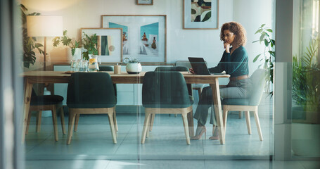 Laptop, ideas and businesswoman in office for project proposal at creative startup company....