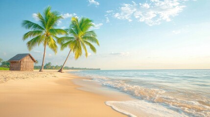 Tall slender palm trees with vibrant green fronds swaying in the gentle ocean breeze against a backdrop of golden sandy beach, creating a picturesque tropical scene in the summertime.