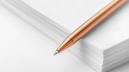 Naklejka premium elegant metallic copper ballpoint pen positioned diagonally across crisp paper stack, premium business documentation, macro photography, executive desktop scene, side view perspective, professional
