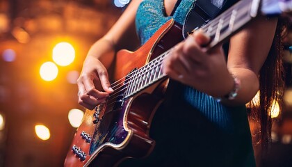 Obraz premium Musician playing guitar on stage with vibrant lights.