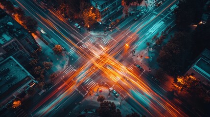 Fototapeta premium Aerial view of urban crosswalk with geometric patterns and sunlight