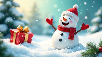 Fototapeta premium Happy Marshmallow Snowman Christmas Fun, Merry Christmas Card, AI Art