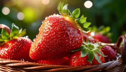 Fresh strawberries in a basket with dew.
