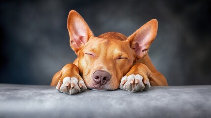Obraz premium A high definition digital image depicting the elegant brown bull terrier paws resting gracefully on a smooth grey surface against a dark background created using advanced technology.
