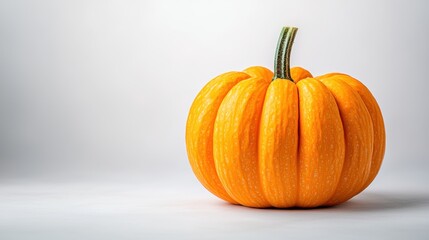 Obraz premium A small orange pumpkin with a short green stem, sitting alone on a white background.