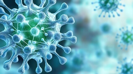 The bacteria virus template design features a microscopic view of intricate, overlapping geometric shapes in shades of blue and green