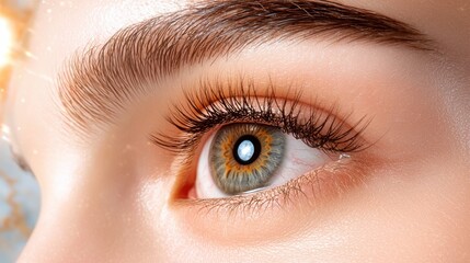 Obraz premium A close up image of a woman's eye with long eyelashes, surrounded by a soft, glowing circle of light and a beautiful marble effect in the background