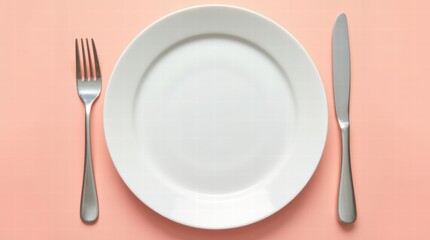 Empty plate with fork and knife on pastel background